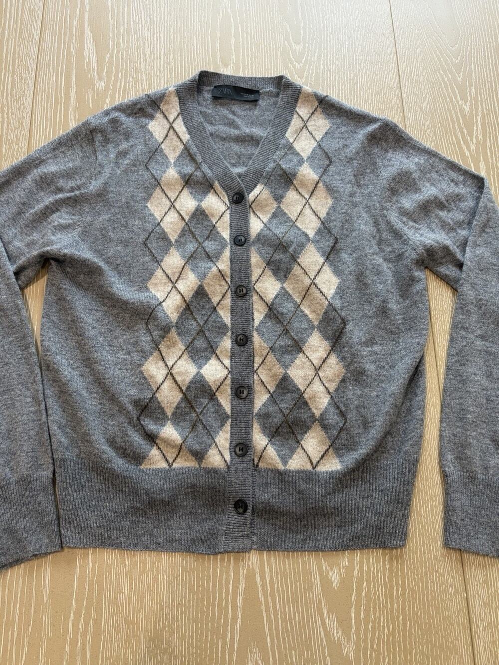 Zara WOOL BLEND ARGYLE CARDIGAN ~ Grey Medium